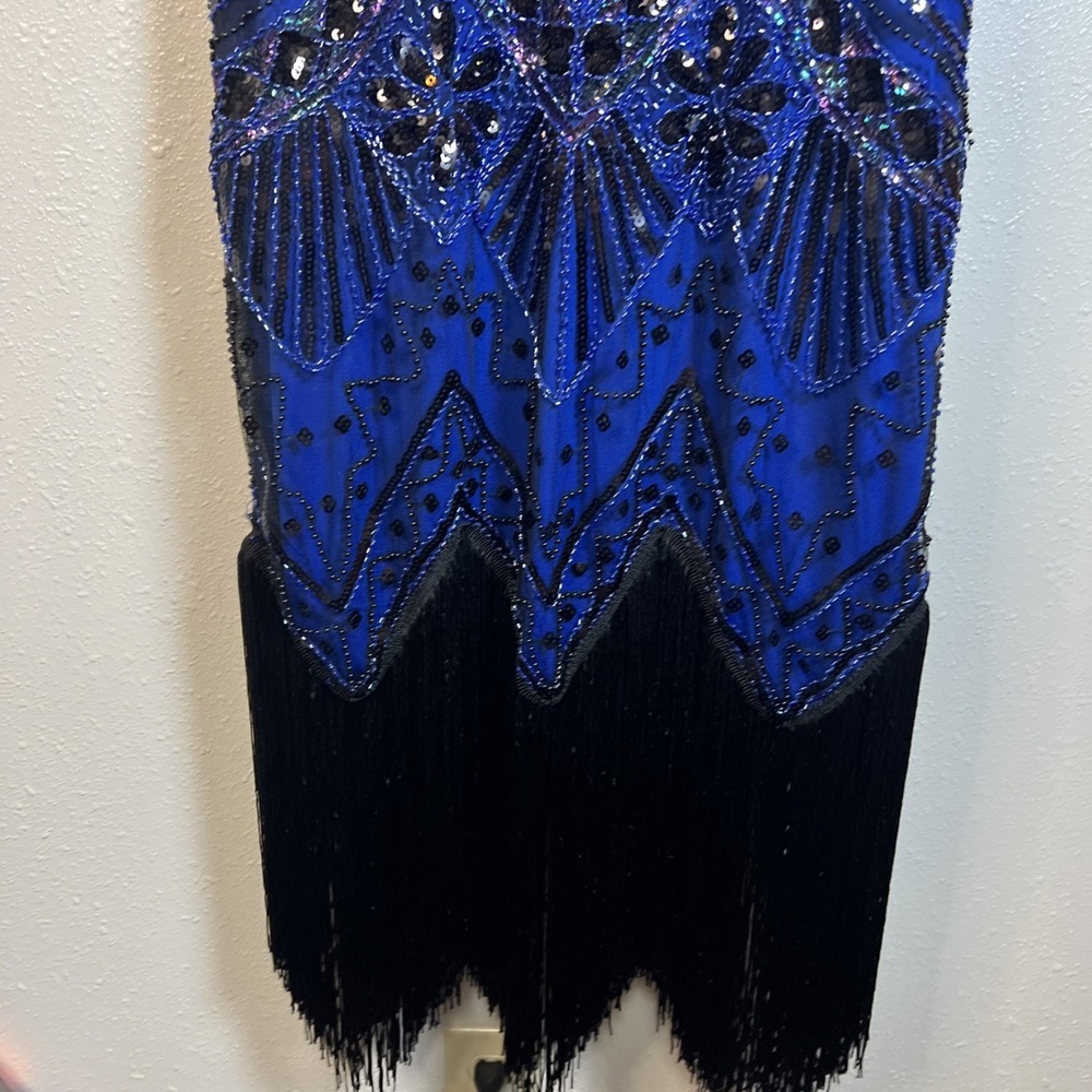 1920s Flapper Style Dress Small Blue Black Beaded Sequins Fringed Gatsby Sparkly - Picture 7 of 9